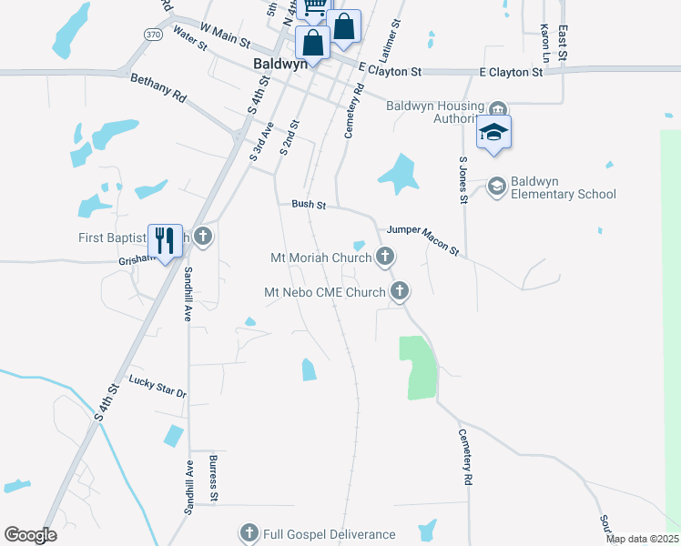 map of restaurants, bars, coffee shops, grocery stores, and more near 608 School Lane in Baldwyn