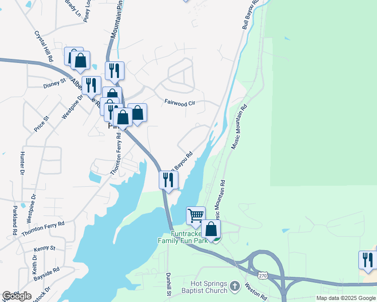 map of restaurants, bars, coffee shops, grocery stores, and more near 102 Sequoyah Loop in Hot Springs