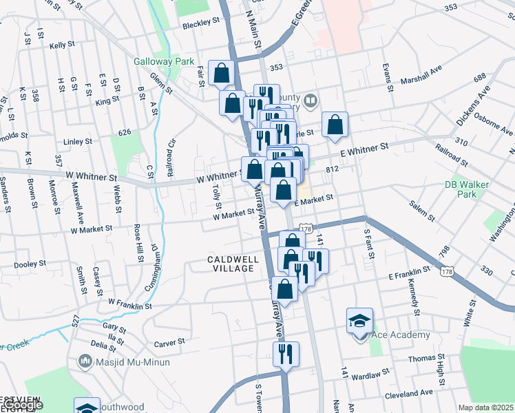 map of restaurants, bars, coffee shops, grocery stores, and more near 312 South Murray Avenue in Anderson