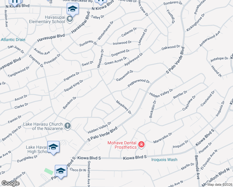 map of restaurants, bars, coffee shops, grocery stores, and more near 515 Highland Drive in Lake Havasu City