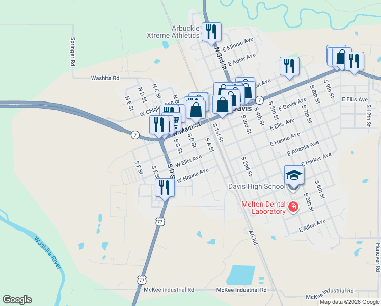 map of restaurants, bars, coffee shops, grocery stores, and more near 207 South B Street in Davis