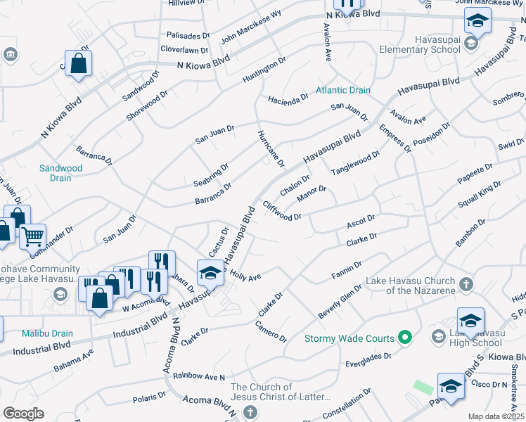 map of restaurants, bars, coffee shops, grocery stores, and more near 815 Chalon Lane in Lake Havasu City