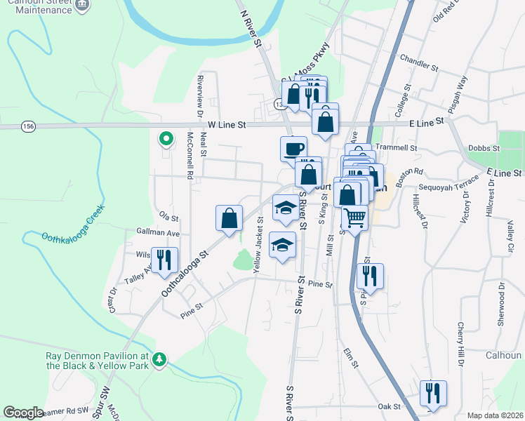 map of restaurants, bars, coffee shops, grocery stores, and more near Yellow Jacket Street in Calhoun