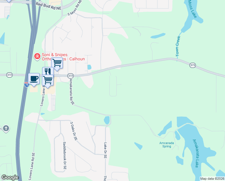 map of restaurants, bars, coffee shops, grocery stores, and more near 1757 Dews Pond Road Northeast in Calhoun