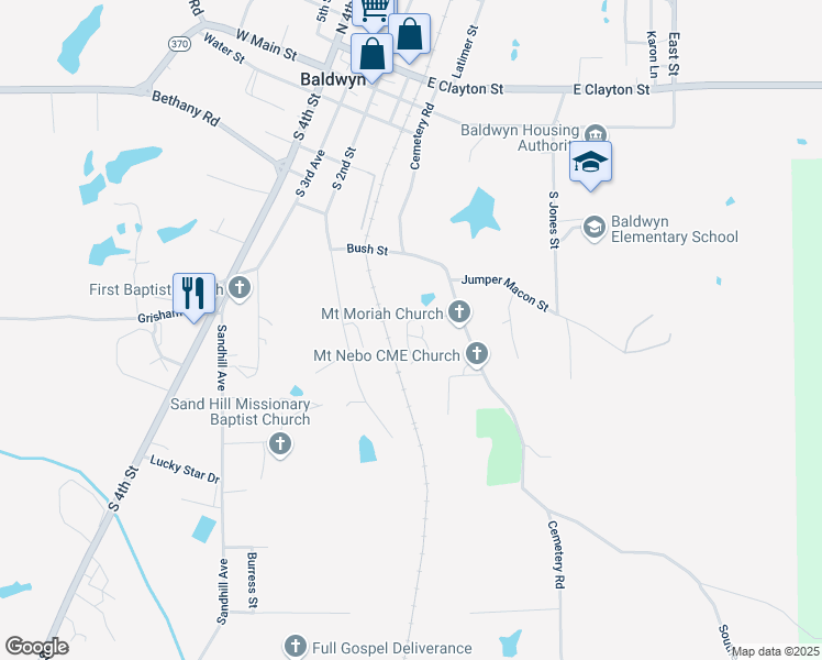 map of restaurants, bars, coffee shops, grocery stores, and more near 608 School Lane in Baldwyn