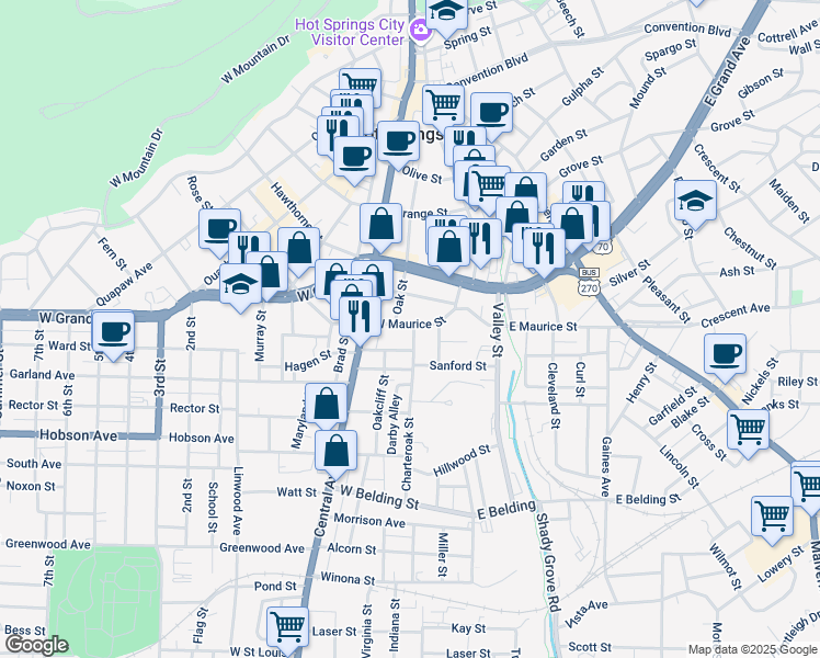 map of restaurants, bars, coffee shops, grocery stores, and more near 100 Charteroak Street in Hot Springs