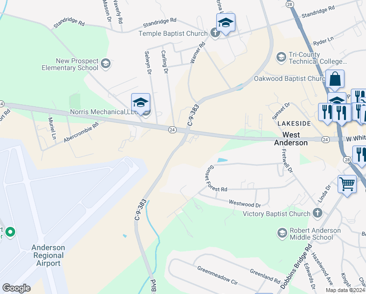 map of restaurants, bars, coffee shops, grocery stores, and more near 2851 West Whitner Street in Anderson
