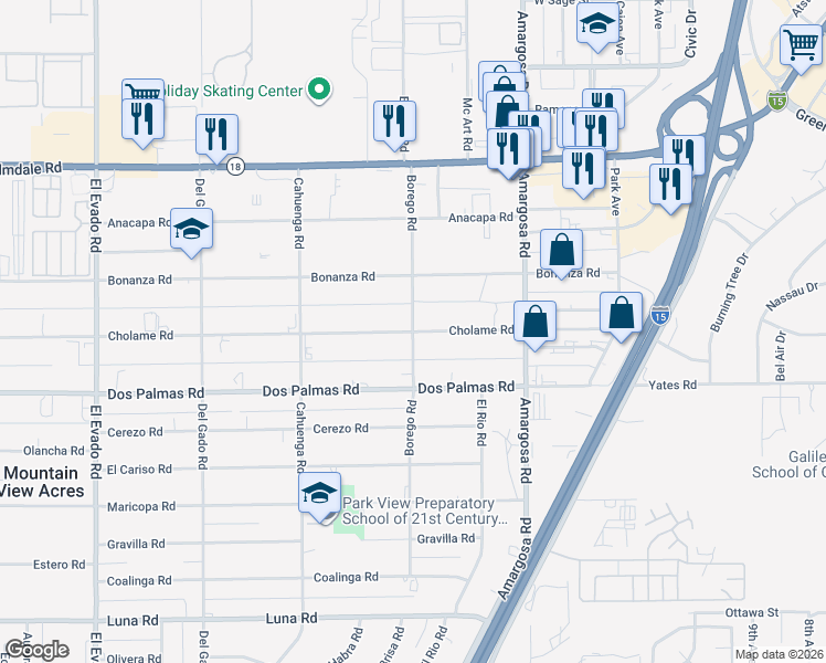 map of restaurants, bars, coffee shops, grocery stores, and more near Cholame Road in Victorville