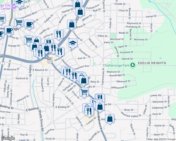 map of restaurants, bars, coffee shops, grocery stores, and more near 150 Halton Terrace in Hot Springs