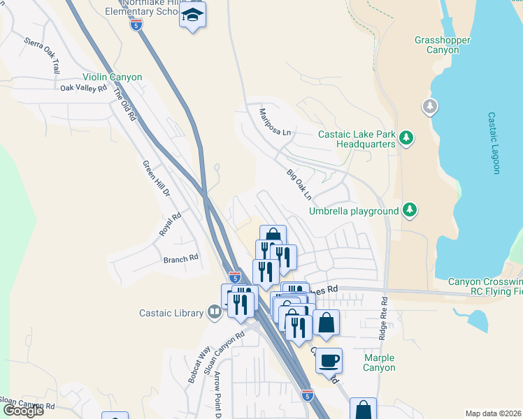 map of restaurants, bars, coffee shops, grocery stores, and more near 32031 Emerald Lane in Castaic