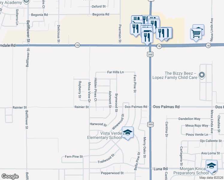map of restaurants, bars, coffee shops, grocery stores, and more near 13805 Ashmont Street in Victorville