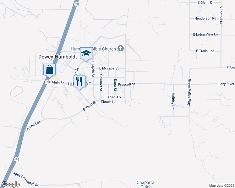 map of restaurants, bars, coffee shops, grocery stores, and more near 2847 Dana Street in Dewey-Humboldt