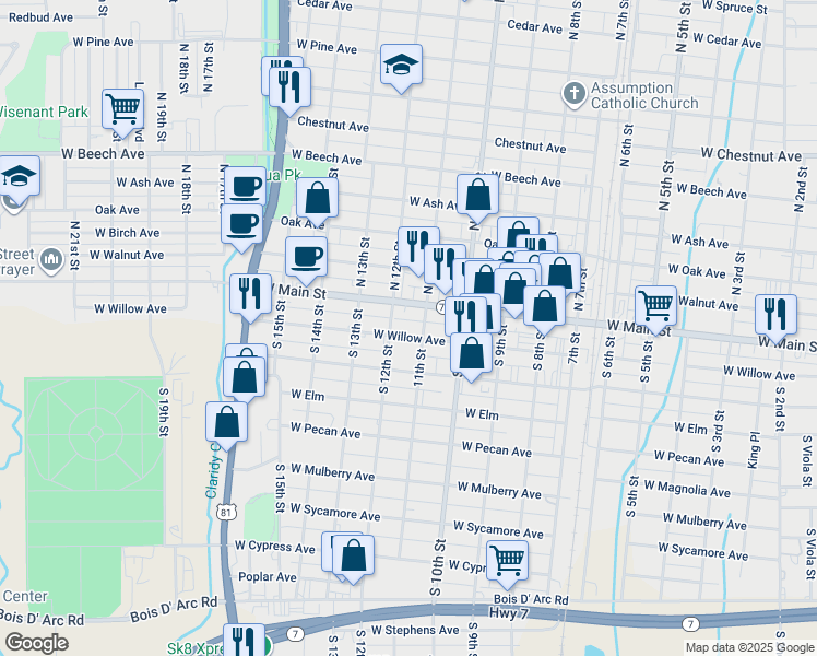 map of restaurants, bars, coffee shops, grocery stores, and more near 1107 Willow Avenue in Duncan
