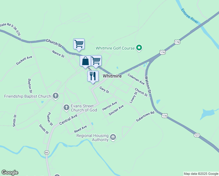 map of restaurants, bars, coffee shops, grocery stores, and more near 32 Douglas Street in Whitmire