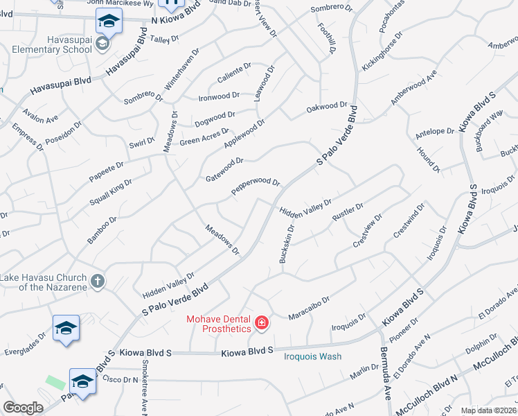 map of restaurants, bars, coffee shops, grocery stores, and more near 3056 Hidden Valley Drive in Lake Havasu City