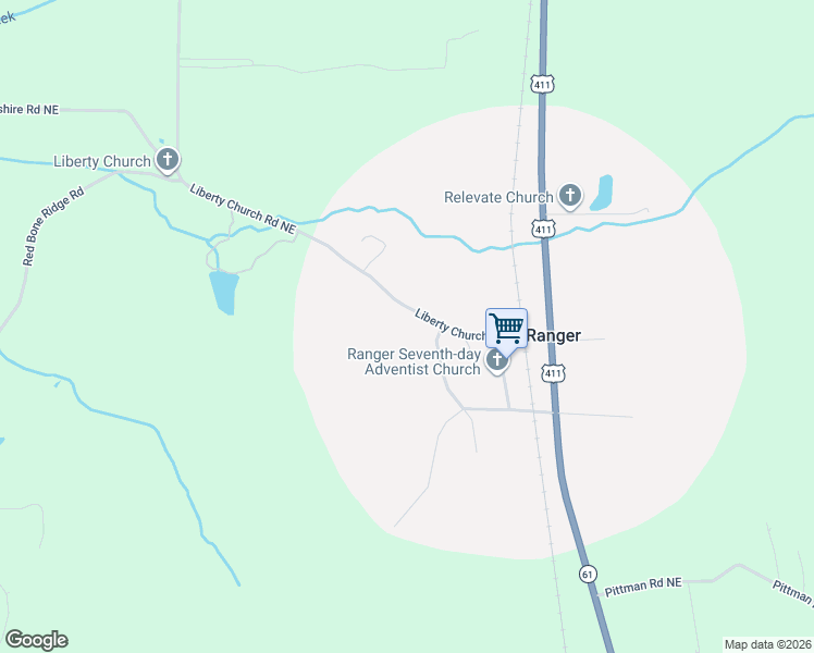 map of restaurants, bars, coffee shops, grocery stores, and more near 113 Horton Street Southeast in Ranger