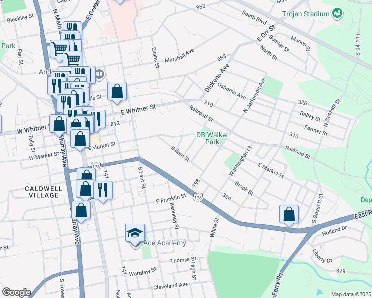map of restaurants, bars, coffee shops, grocery stores, and more near 426 Gray Street in Anderson