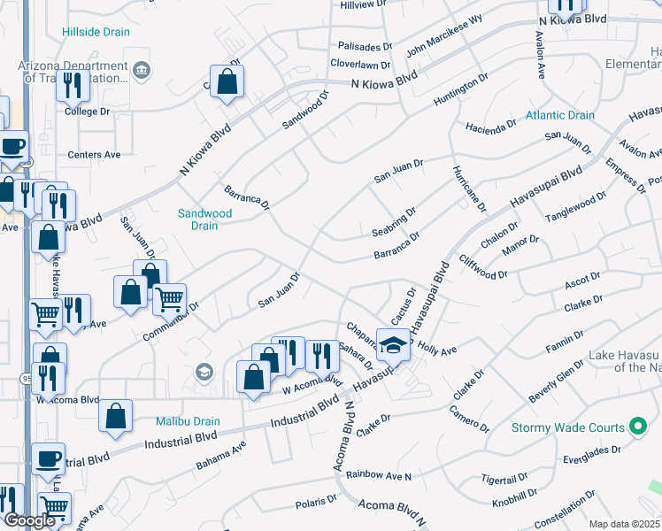 map of restaurants, bars, coffee shops, grocery stores, and more near 2256 Barranca Drive in Lake Havasu City