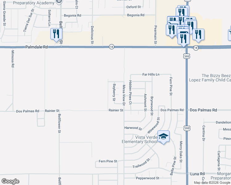 map of restaurants, bars, coffee shops, grocery stores, and more near 11644 Fulton Court in Victorville