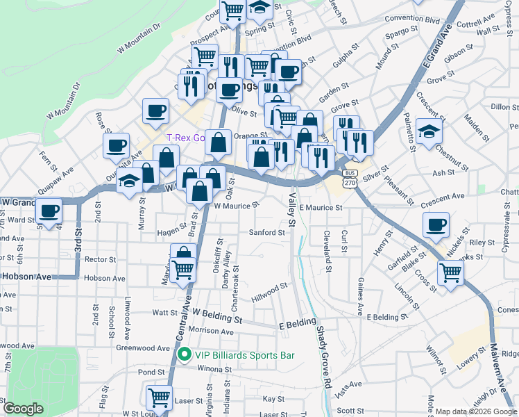 map of restaurants, bars, coffee shops, grocery stores, and more near 101 Virgil Street in Hot Springs