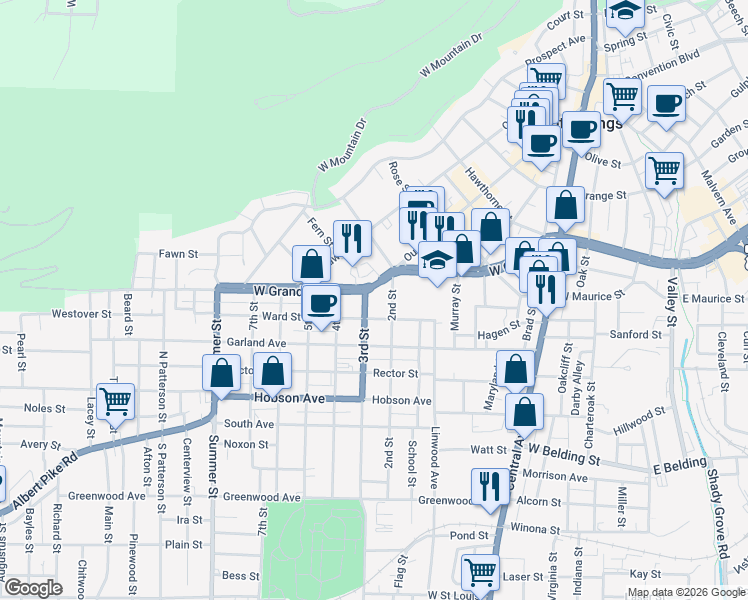 map of restaurants, bars, coffee shops, grocery stores, and more near 615 West Grand Avenue in Hot Springs