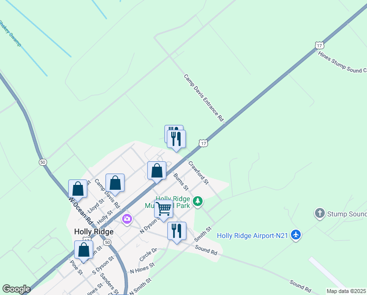 map of restaurants, bars, coffee shops, grocery stores, and more near 511 U.S. 17 in Holly Ridge