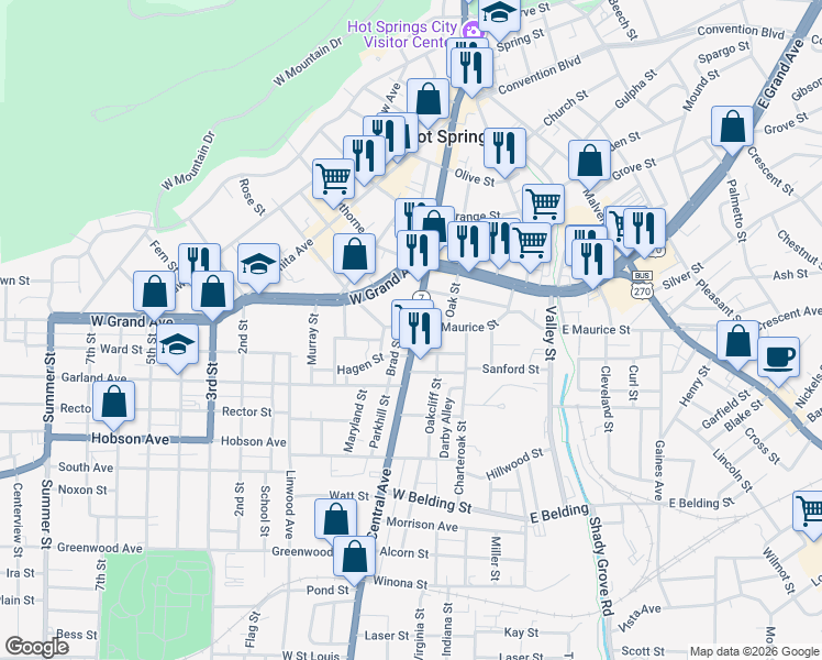 map of restaurants, bars, coffee shops, grocery stores, and more near 1303 Central Avenue in Hot Springs