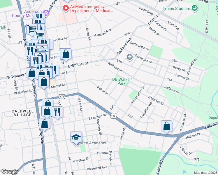 map of restaurants, bars, coffee shops, grocery stores, and more near 426 Gray Street in Anderson