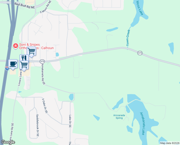 map of restaurants, bars, coffee shops, grocery stores, and more near 1845 Dews Pond Road Southeast in Calhoun