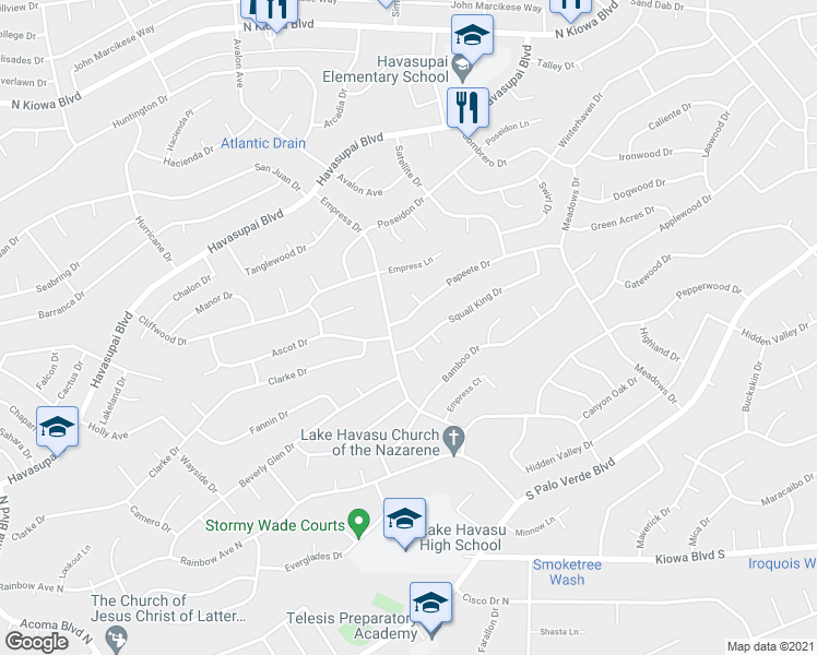 map of restaurants, bars, coffee shops, grocery stores, and more near 2720 Papeete Drive in Lake Havasu City