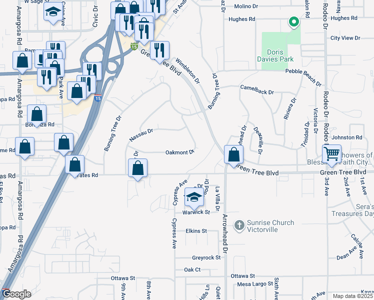 map of restaurants, bars, coffee shops, grocery stores, and more near 13770 Oakmont Drive in Victorville