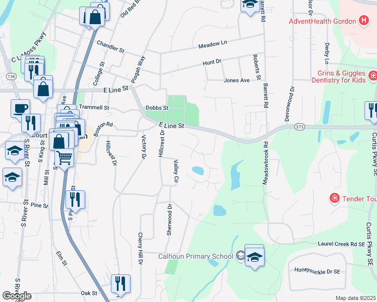 map of restaurants, bars, coffee shops, grocery stores, and more near 206 Wexford Drive Northeast in Calhoun