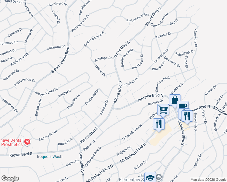 map of restaurants, bars, coffee shops, grocery stores, and more near 3378 Iroquois Drive in Lake Havasu City