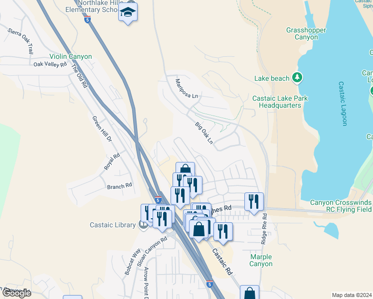 map of restaurants, bars, coffee shops, grocery stores, and more near 32015 Quartz Lane in Castaic
