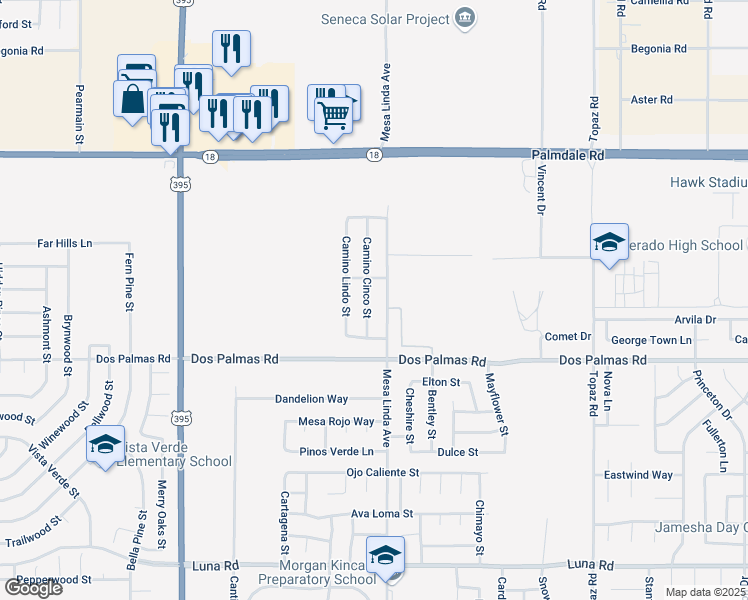 map of restaurants, bars, coffee shops, grocery stores, and more near 13814 Camino Cinco in Victorville