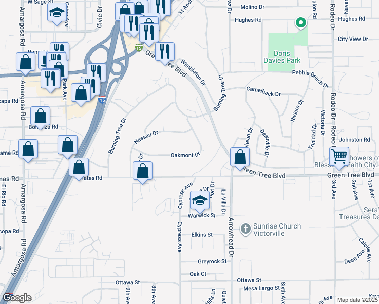 map of restaurants, bars, coffee shops, grocery stores, and more near 13760 Oakmont Drive in Victorville