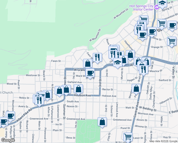 map of restaurants, bars, coffee shops, grocery stores, and more near 809 West Grand Avenue in Hot Springs