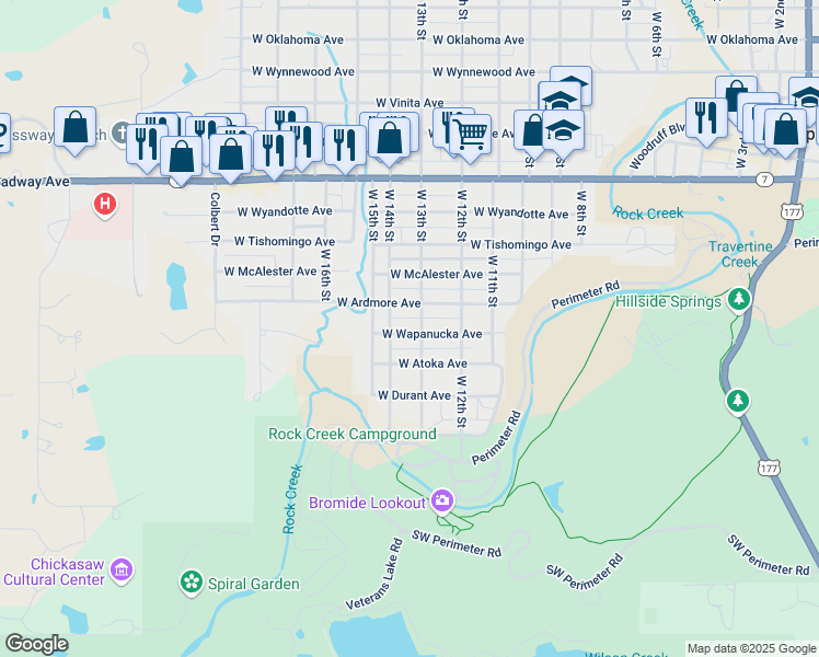 map of restaurants, bars, coffee shops, grocery stores, and more near 400 West 13th Street in Sulphur