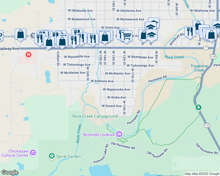 map of restaurants, bars, coffee shops, grocery stores, and more near 400 West 13th Street in Sulphur