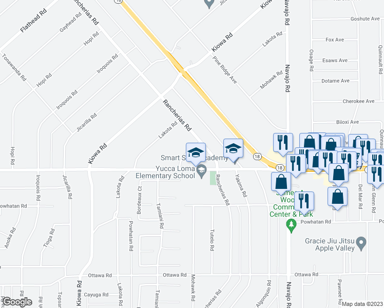 map of restaurants, bars, coffee shops, grocery stores, and more near 13775 Mohawk Road in Apple Valley
