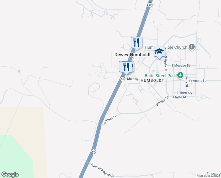 map of restaurants, bars, coffee shops, grocery stores, and more near 2765 South Colina Lane in Dewey-Humboldt