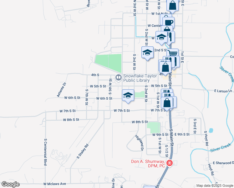 map of restaurants, bars, coffee shops, grocery stores, and more near 582 South 4th West Street in Snowflake