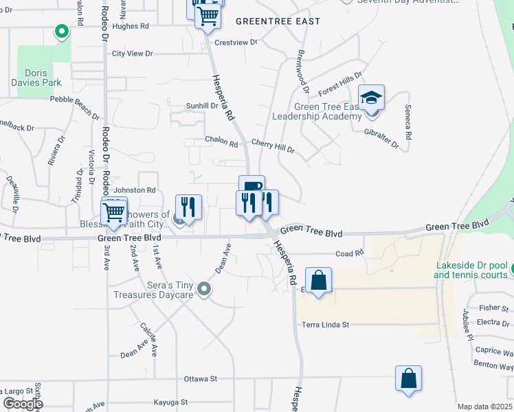 map of restaurants, bars, coffee shops, grocery stores, and more near 13831 Hesperia Road in Victorville