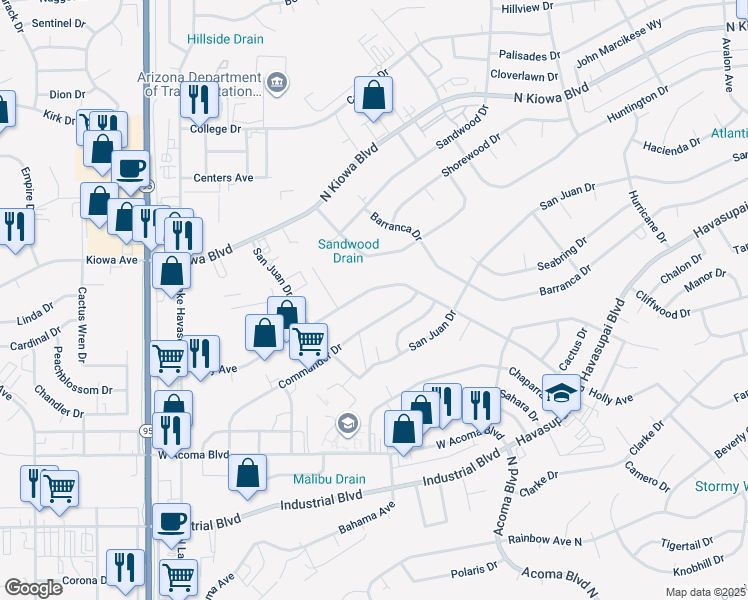 map of restaurants, bars, coffee shops, grocery stores, and more near 2111 Commander Drive in Lake Havasu City