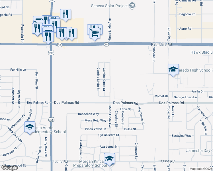 map of restaurants, bars, coffee shops, grocery stores, and more near 13814 Camino Cinco in Victorville