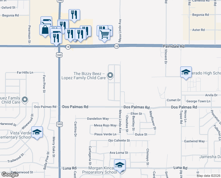 map of restaurants, bars, coffee shops, grocery stores, and more near 13814 Camino Cinco in Victorville