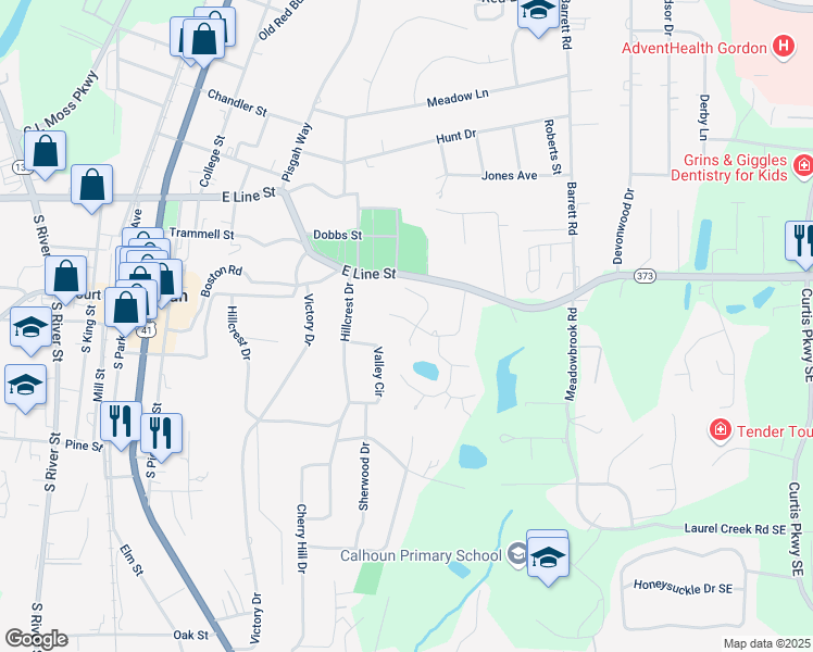 map of restaurants, bars, coffee shops, grocery stores, and more near 206 Wexford Drive Northeast in Calhoun