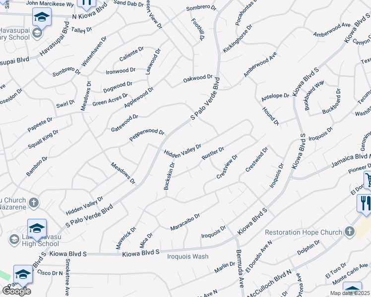 map of restaurants, bars, coffee shops, grocery stores, and more near 3141 Hidden Valley Drive in Lake Havasu City