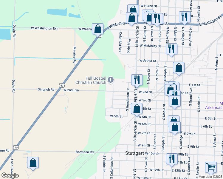 map of restaurants, bars, coffee shops, grocery stores, and more near 804 West 2nd Street in Stuttgart