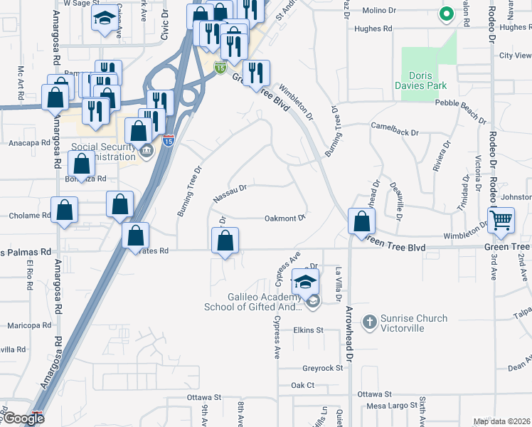 map of restaurants, bars, coffee shops, grocery stores, and more near 13692 Oakmont Drive in Victorville